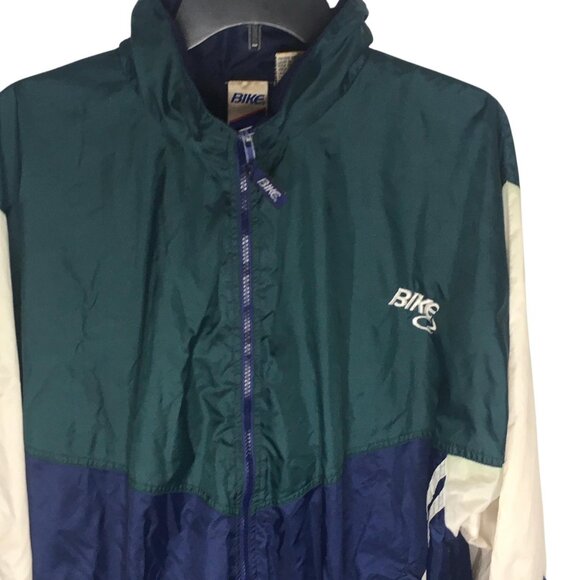 Bike Athletic Jacket Mens Large Green Navy Colorblock Windbreaker Stowaway Hood - Picture 2 of 15